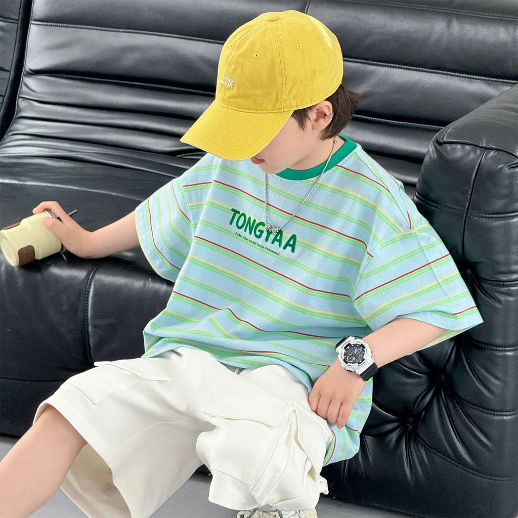 Kids Children Fashion Short Sleeve Green Striped T-shirt for Tweens Boy Summer Clothing Streetwear Cotton Tshirt Outfit Age 5-14