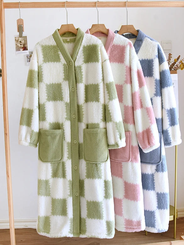 Thickened Flannel Sleep Robe Women's V-neck Long Sleeve Bathrobe Coral Fleece Plaid Midi Nightgown Winter Home Leisure Wear