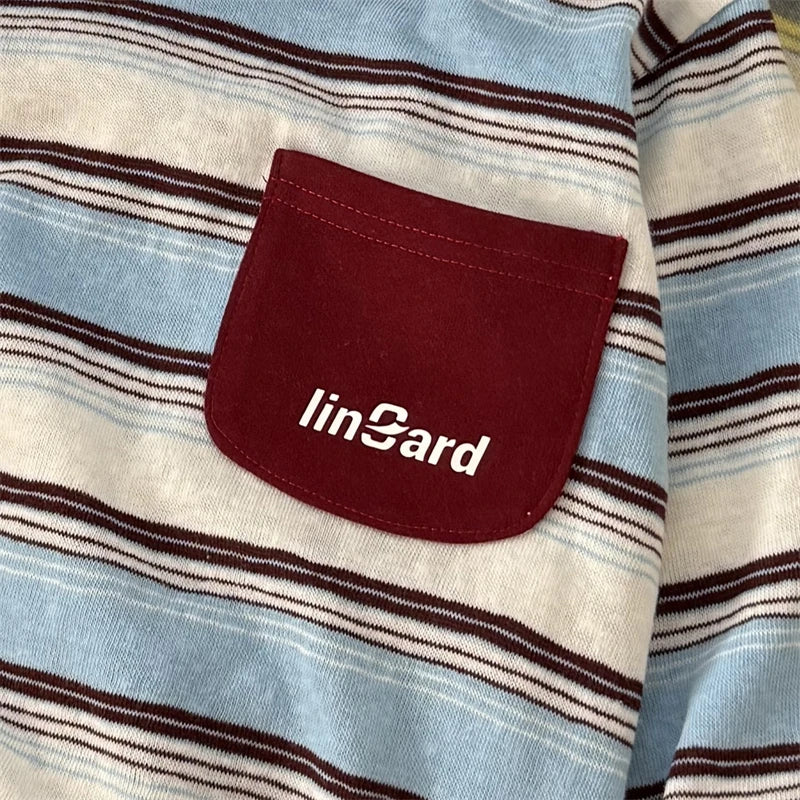 Kids Long Sleeve T-shirt New Retro Striped Cotton Shirt Spring Autumn Casual Top With Pocket for Baby Toddler Boys Girls