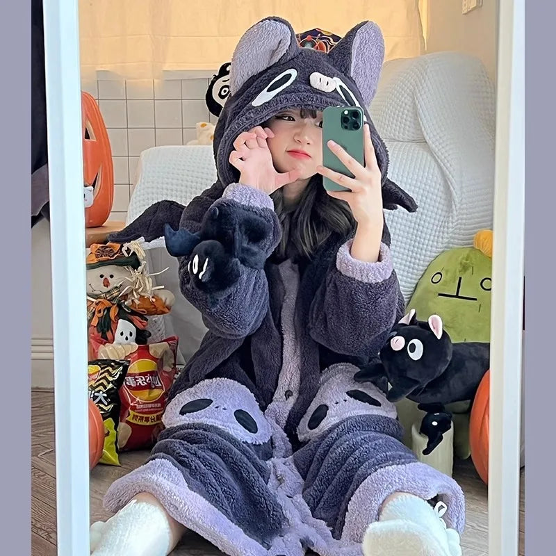 Winter Pajamas For Women Cartoon Hooded Long Robe Cute Nightgown Sleepwear Bat Animal Kawaii Flannel Warm Comfy Lounge Bathrobes