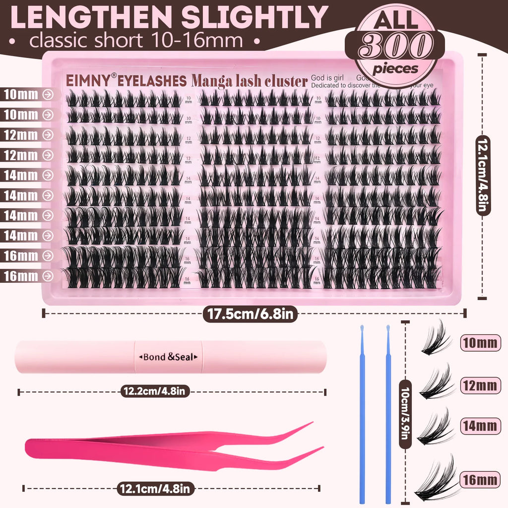 EIMNY 300PCS Little Devil Style Lash Extensions 10-16mm Including Glue Tweezers Cotton Swabs Manga Lashes Natural Voluminous