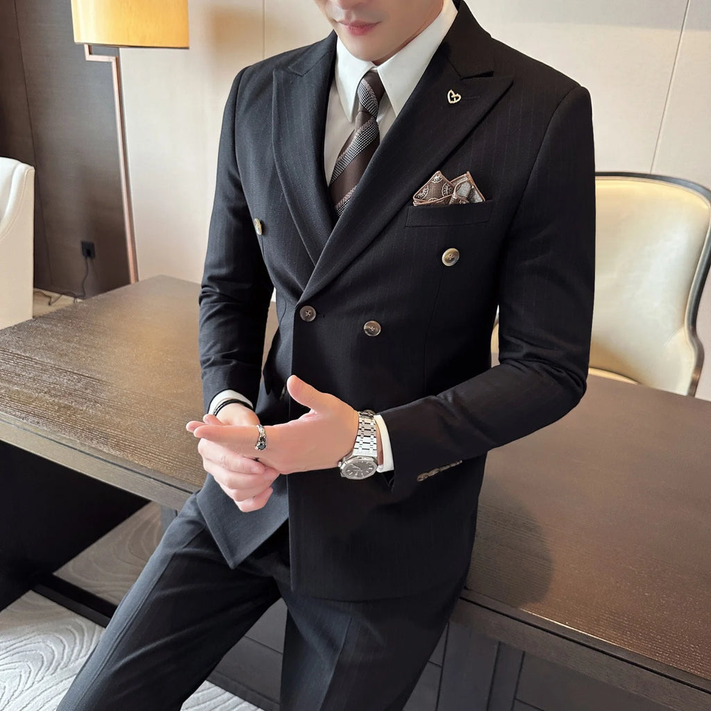 Hochzeitsanzug für Herren, 3-teilig, zweireihig, koreanischer Slim Fit, für formelle Bankette und geschäftliche Anlässe, luxuriöser Smoking für den Bräutigam, Abendgarderobe