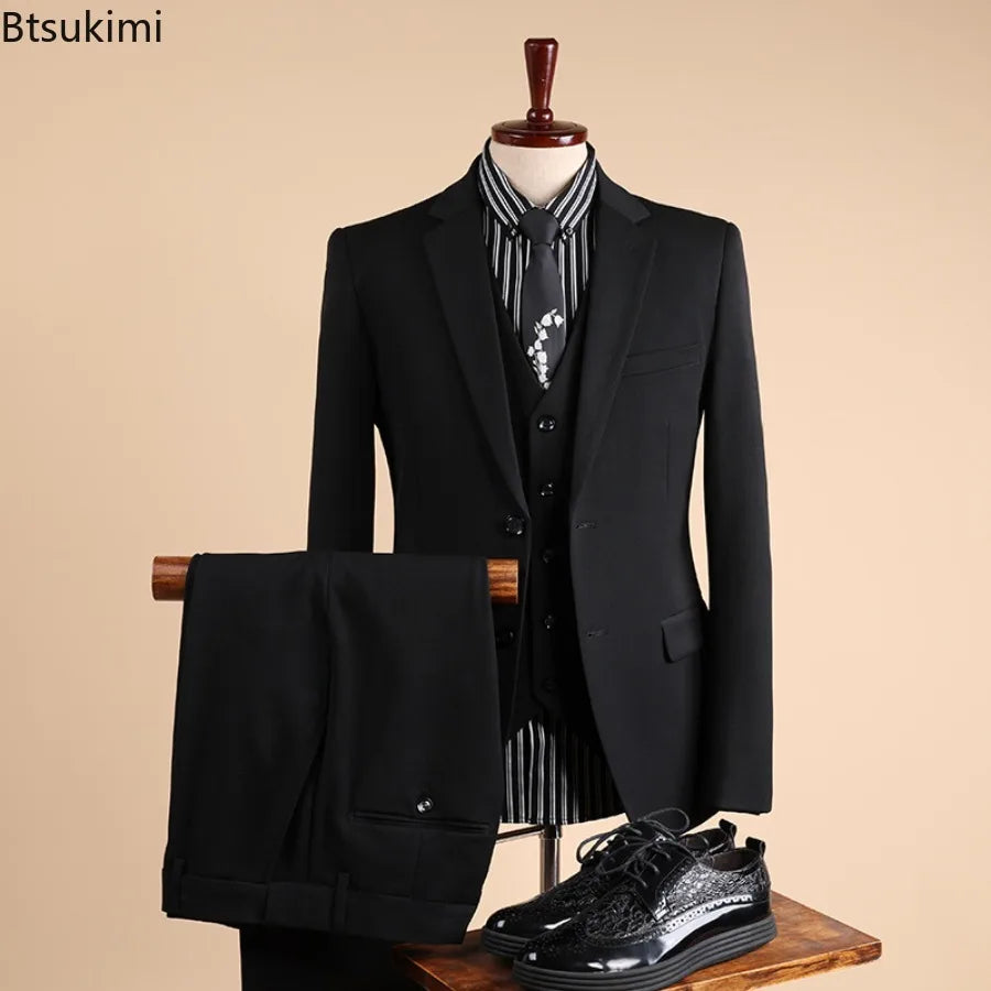 Men 2 3 Piece Suit Set 1 Button 2 Buttons Single Breasted Flat Collar Slim Fit Groom Wedding Business Suit Jacket Vest Trousers