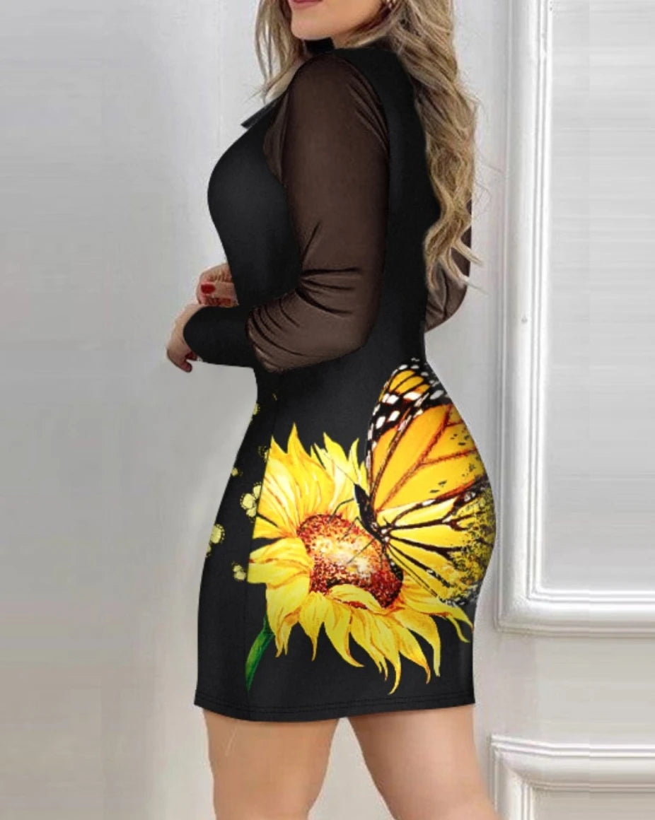 Elegant  Dress For Women Fall Mesh Long Sleeve Turn-down Collar Printed Dress