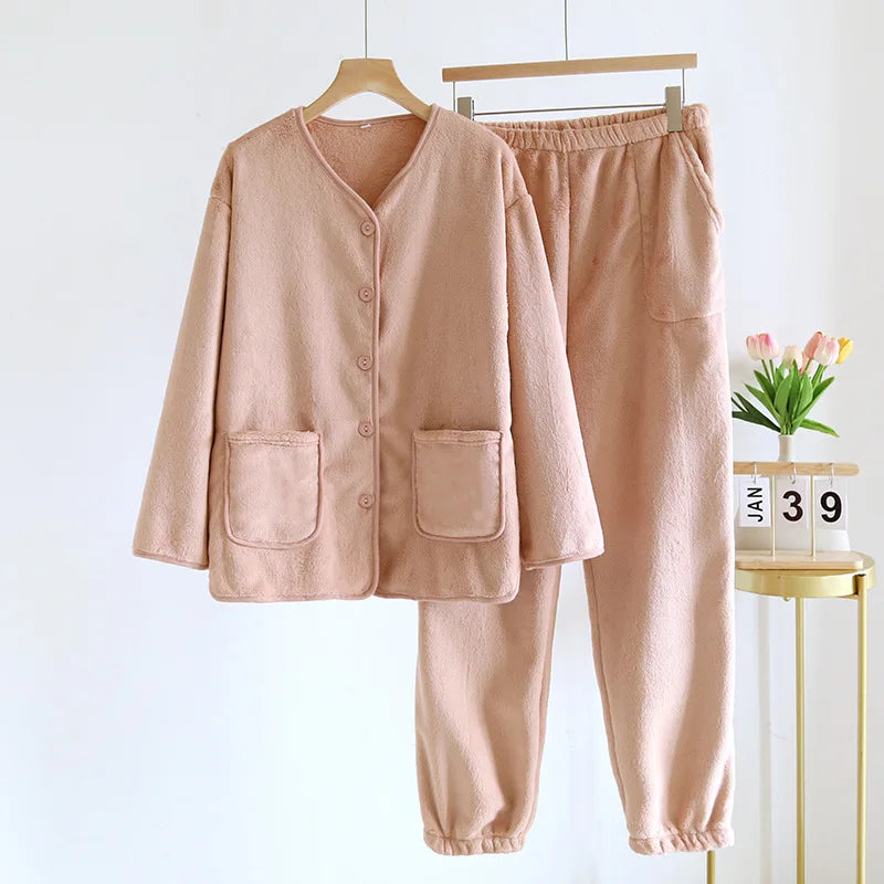 2024 New Autumn/Winter Vintage Pajamas Women Winter Velvet Thickened Outerwear Home Clothing Long Sleeved Pants Set