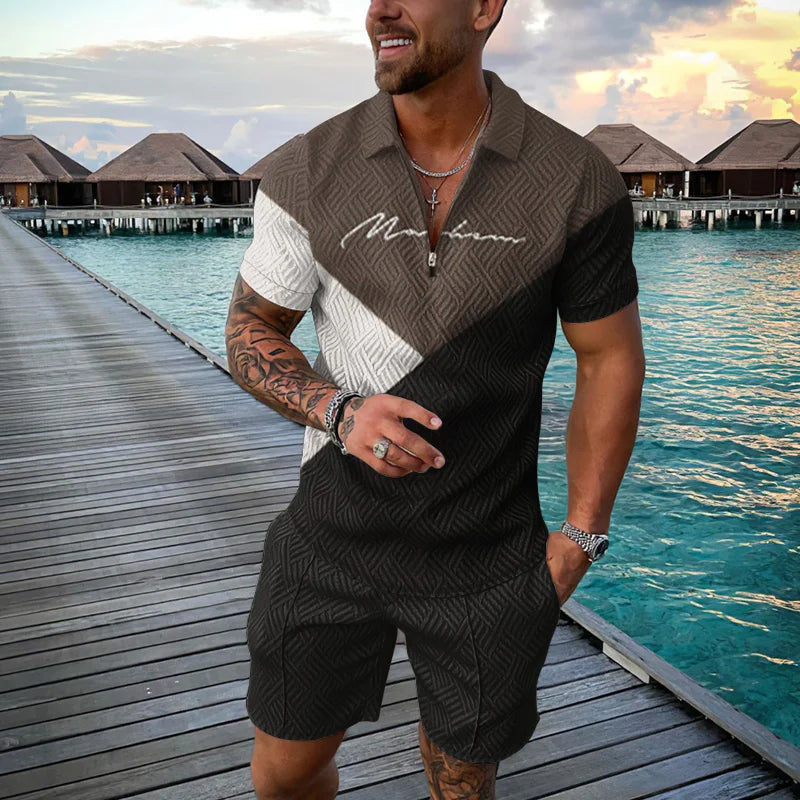 Men's Clothing Tracksuit Sets 3D Print Color Squares Pattern Casual Zipper Polo Shirt And Shorts 2pcs Sets Trend Streetwear Man