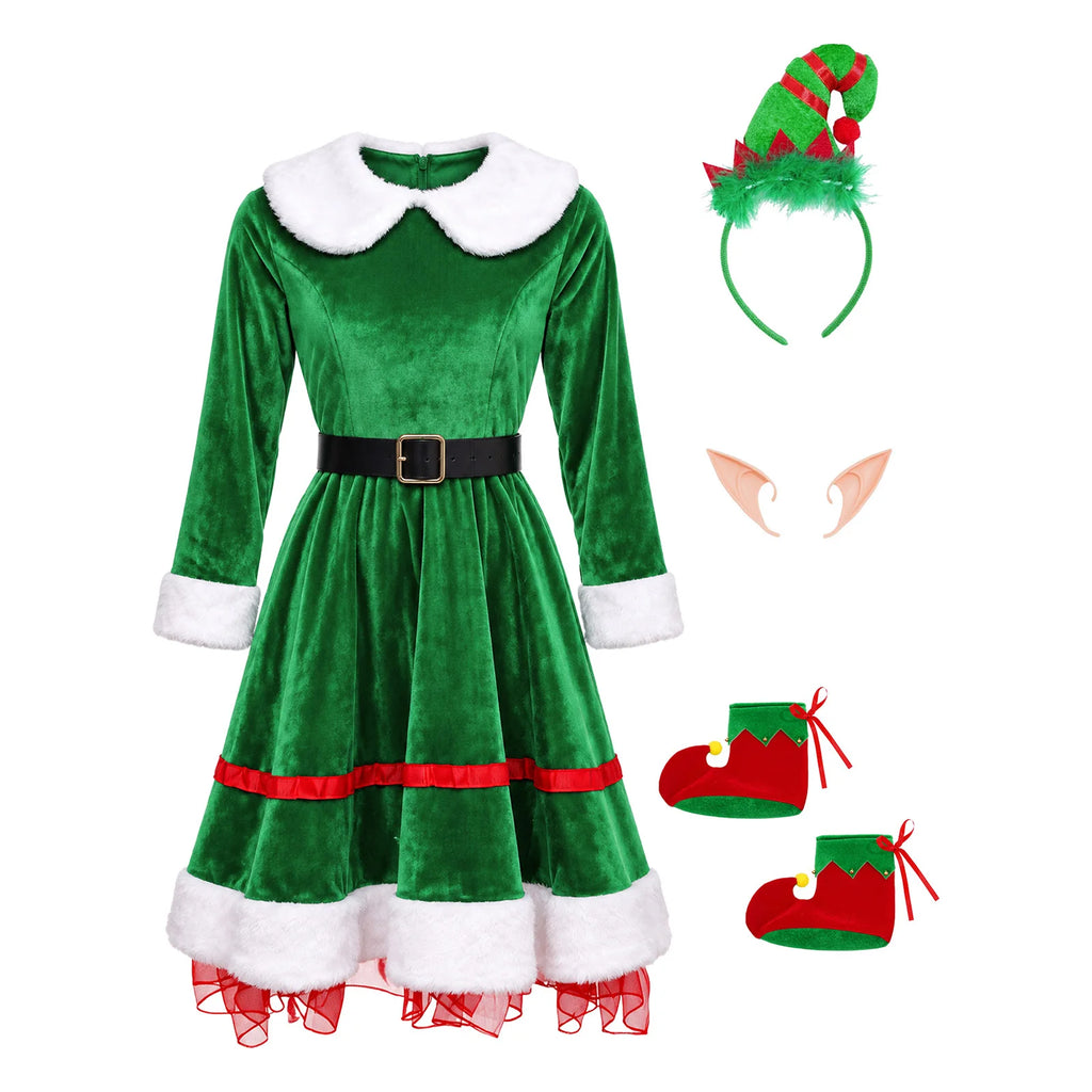 Women Green Velvet Elf Dress Xmas Santa Helper Cosplay Costume Elf Cosplay Outfit for Christmas Carnival Fancy Dress Party