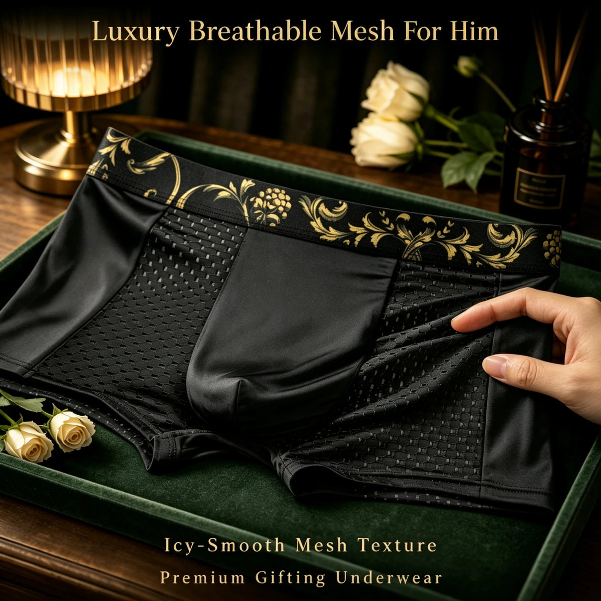 Men Boxer Briefs Luxury Golden Floral Printed Waistband Mesh Breathable Soft Smooth Underwear Men Daily Casual Wear 1/3Pcs Set