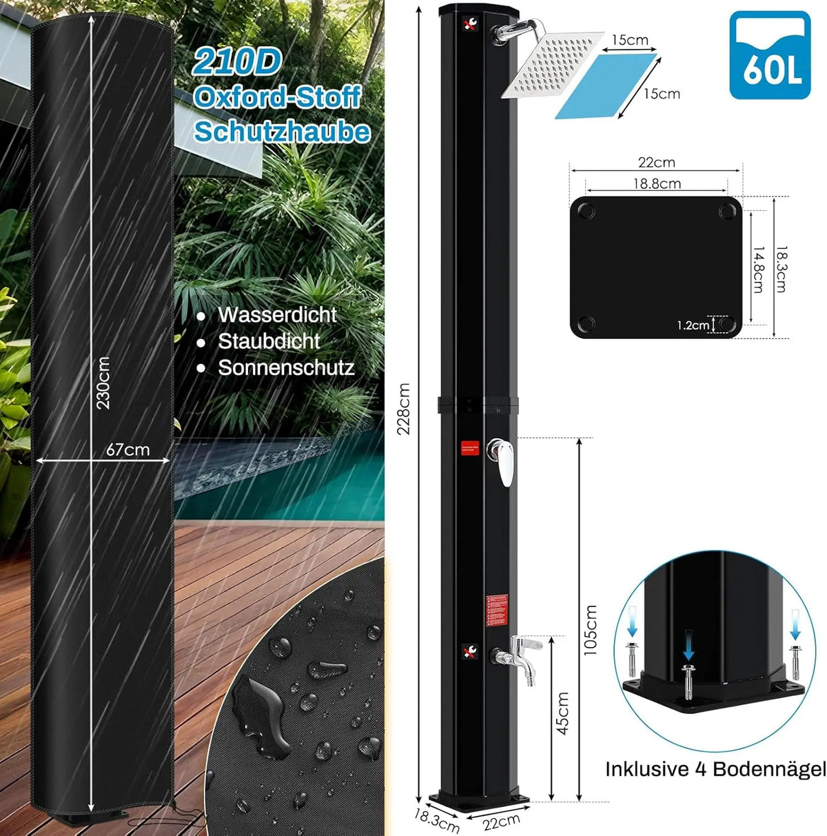 Premium Solar-Gartendusche für Außenbereich