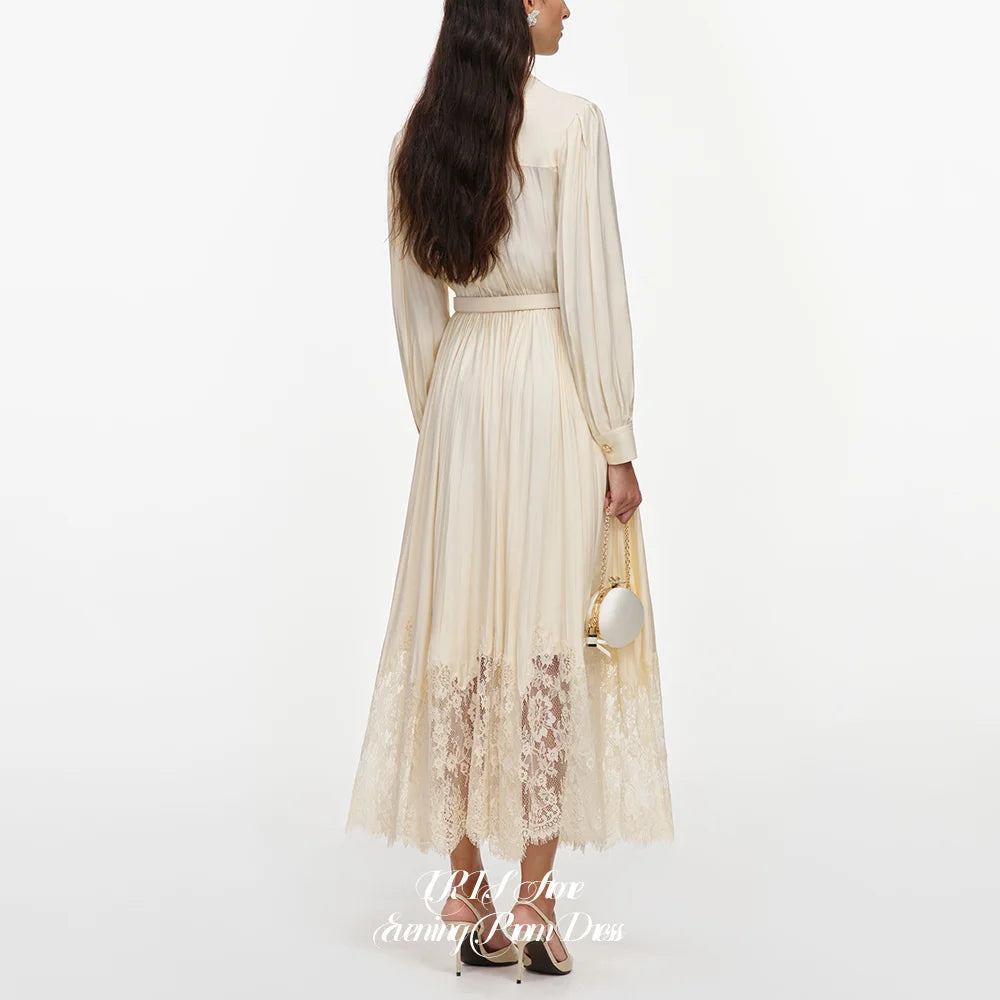 French Style Elegant Evening Dresses for Women Stand Collar Long Sleeve Floral Appliques Waist Belt Lace Hem Midi Party Dress