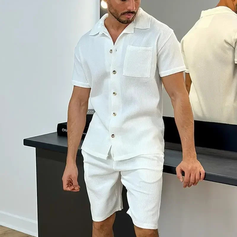 2026 Men's Summer Casual Shorts Sets Solid Mens Short Sleeve Buttoned Lapel Shirts + Shorts Sets Two Piece Streetwear Sets Male