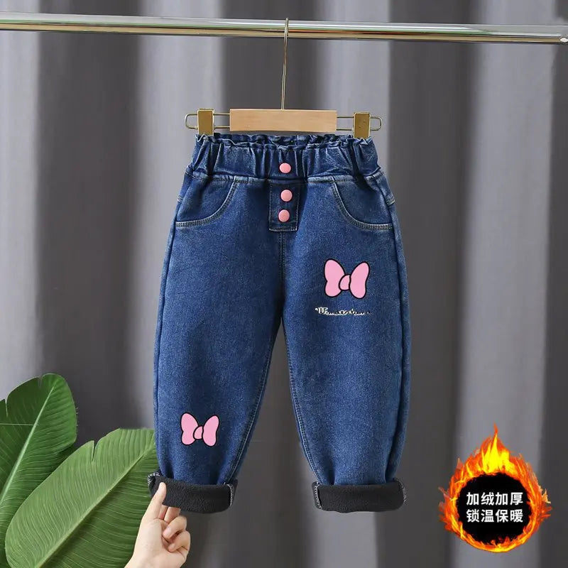 2022 New Warm pants Kids Cartoon Pant Fashion Boy Girl Jeans Winter Thickening Kids Denim Pants Baby Jean Infant Clothing 1-6Y