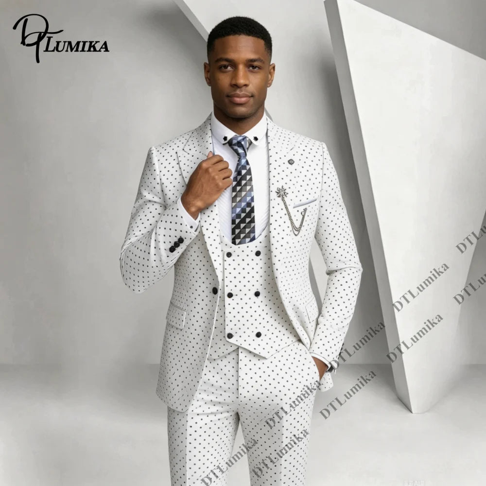 Men 3 Piece Dotted Suit Three-piece Polka Dot Jacket Vest Pants Made To Measure Wedding Business Prom Banquet Formal Tuxedo