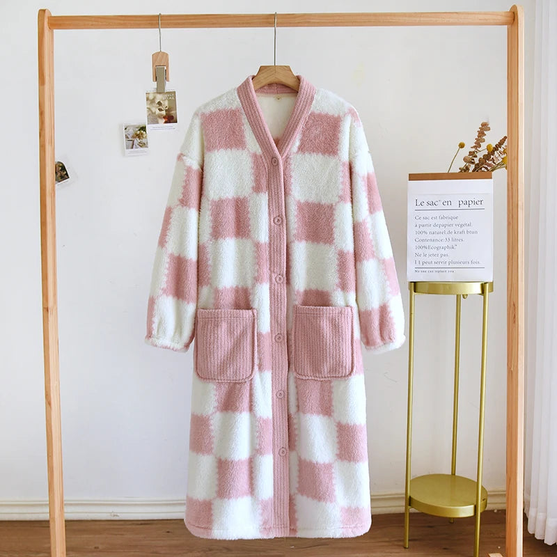 Thickened Flannel Sleep Robe Women's V-neck Long Sleeve Bathrobe Coral Fleece Plaid Midi Nightgown Winter Home Leisure Wear