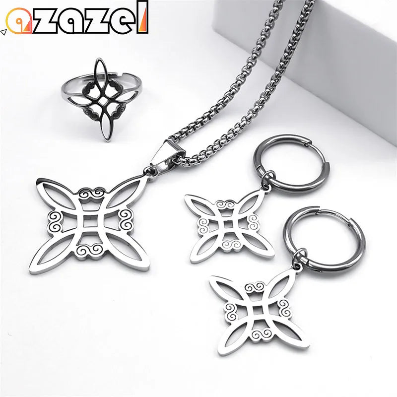 Stainless Steel Jewelry Set Witchcraft Witch Celtic Irish Knot Pendant Necklace Fashion Earring Bracelet Ring Nudo De Bruja