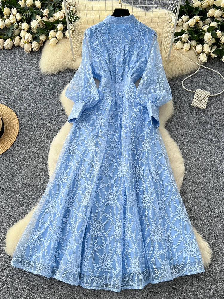 French Elegant Dress for Women New Birthday Party Standing Collar Single Breasted Waist Embroidered Mesh Long Dress S93