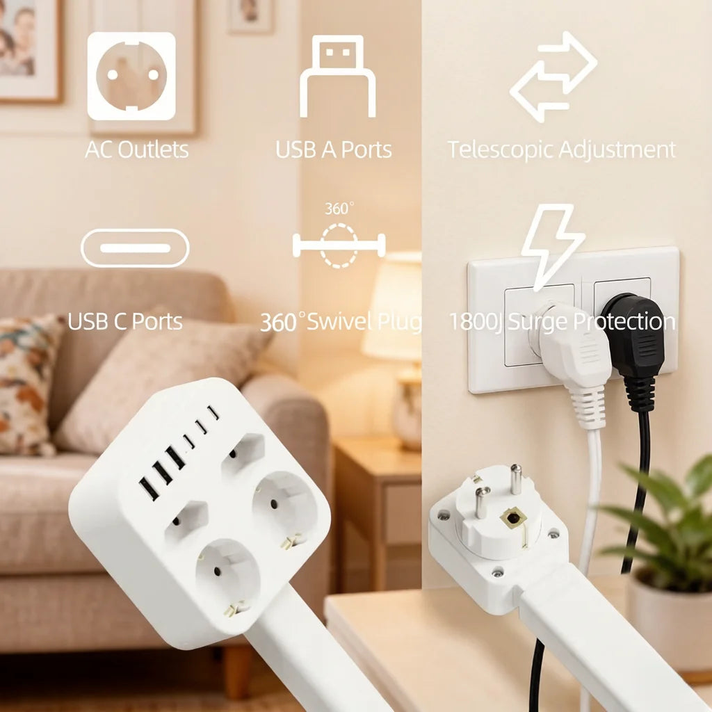 New Rotates 180° Electrical Outlet Extender Adjustable Length White Power Outlets Extender Power Socket Expander For Nightstand