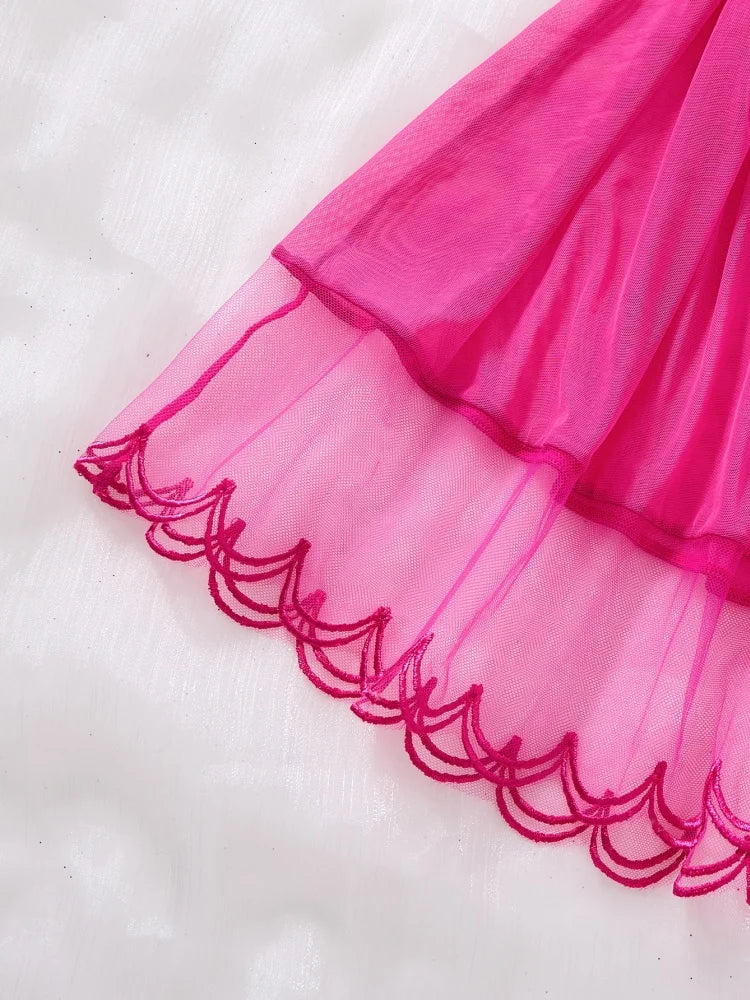 Woman Night Dress Rose Red Tulle Sexy Nightwear Summer Sleeveless Pajamas Heart Embroidered Sleepwear V-Neck Slip Nightgown