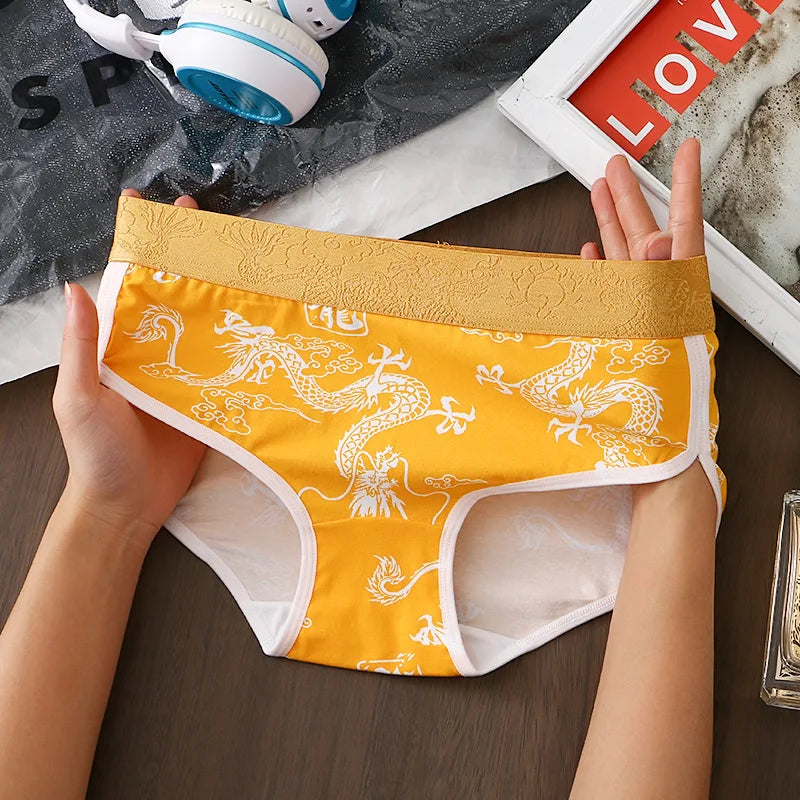 Cotton Women Panties Girls Soft Underwear Fashion Dragon Printed Mid Waist Briefs Breathable Comfortable Female Panty Lingerie