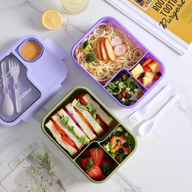 Bento Lunch Box Kid's Lunch Boxs Microwaveable BentoBox with Tableware Kawaii Heated 3 Grid Sandwich Snack Food Box Food Storage