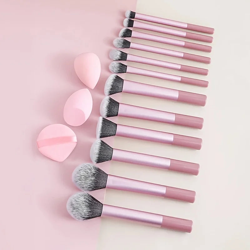 12Pcs Pink Makeup Brushes Set with 2 Beauty Sponges & Powder Puff, Soft Synthetic Hair Cosmetic Brush for Foundation Blush Eyesh