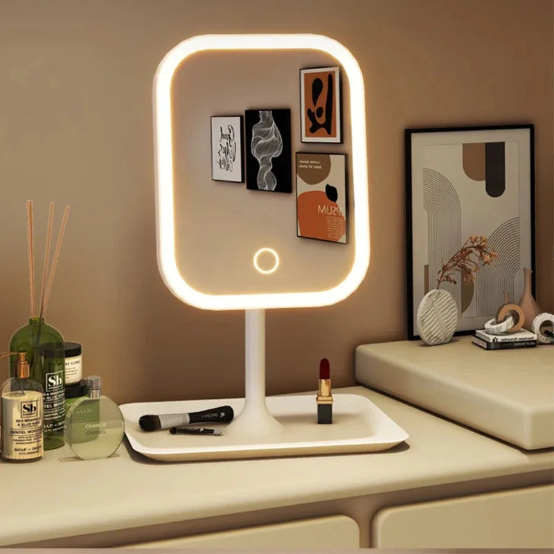 1Pcs Pink Modern Desktop Vanity Mirror 3 Color Light LED Makeup Mirror Touching Mirror Women Bedroom Dressing Mirror
