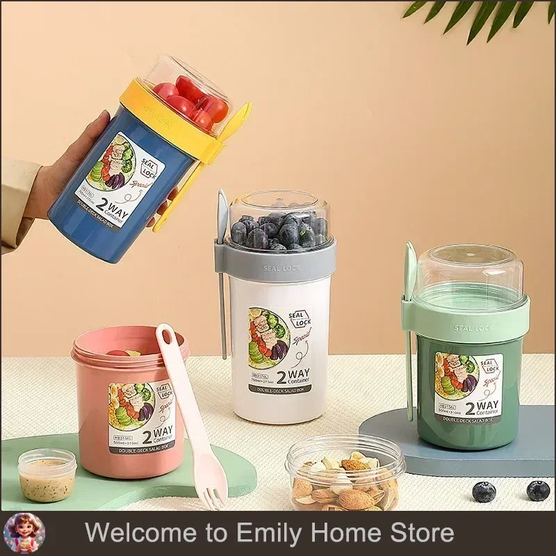 Bento Lunch Box Salad Oatmeal Breakfast Double Cup Cereal Nut Yogurt Container Set with Dressing Holder Fork Meal Preparation