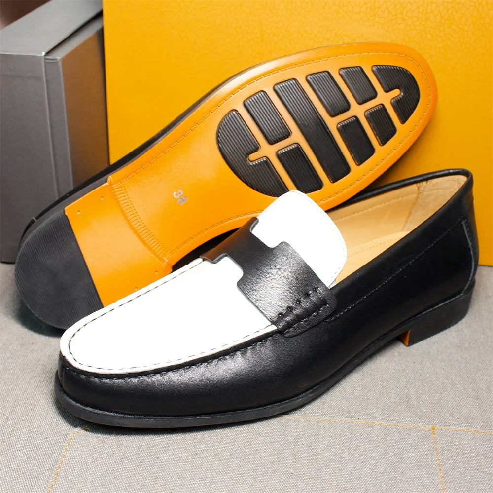 New Style Men's Wedding Shoes Handmade Black and White Loafers Genuine Leather Slip-on Men's Casual Wedding Banquet Shoes