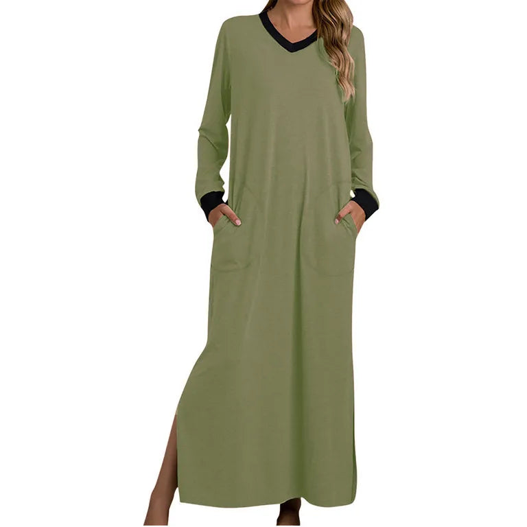 Women's Nightgowns V-Neck Long Sleeve Pajamas with Pocket Solid Color Long Dresses Sleepshirts for Women Soft Nightwear Robes