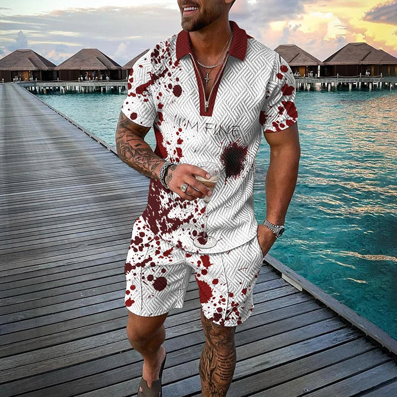 Men's Clothing Tracksuit Sets 3D Print Color Squares Pattern Casual Zipper Polo Shirt And Shorts 2pcs Sets Trend Streetwear Man