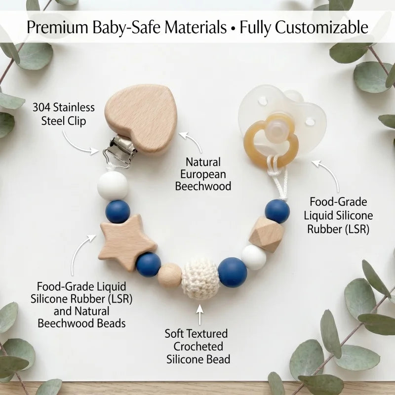 2026 Personalized Pacifier Clip Silicone Beads Beech Wood Teether Holder Custom Name Heart BPA Free Handmade Baby Shower Gift