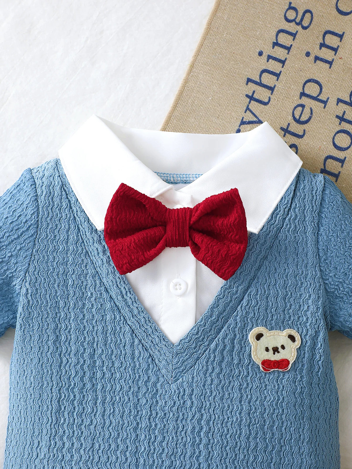 Infant and Toddler Boys' Romper, Stylish Casual Little Gentleman Style with a Faux Two-Piece Design, Short Sleeves, Solid Color, and Bear Embroidery