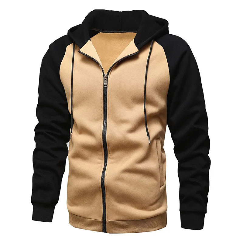 New autumn and winter outerwear color blocked zipper sweater with fleece men's hooded sweatshirt oversized casual hooded