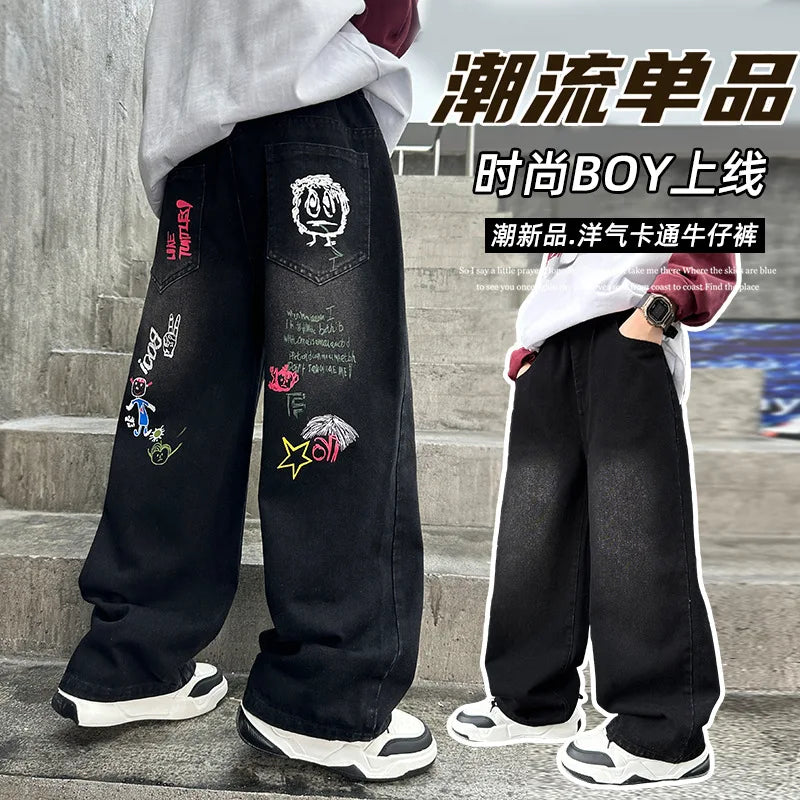 Boys Black Print Jeans Spring/Autumn Kids Wide Leg Pants Washed Denim Straight Pants Teen Children Pants 6 8 10 12 14 Years Old
