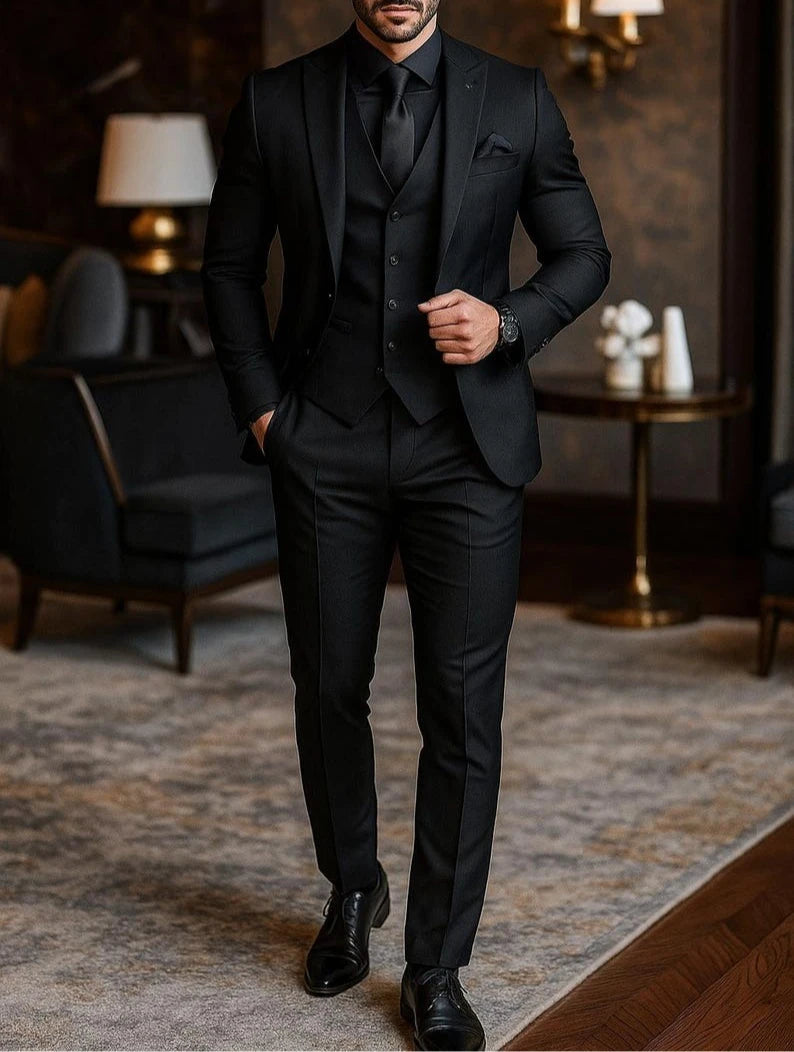 Herren-Hochzeitsanzug im 3-teiligen Smoking-Stil für den Bräutigam, schmal geschnitten, mit Weste, schwarzer formeller Businessanzug
