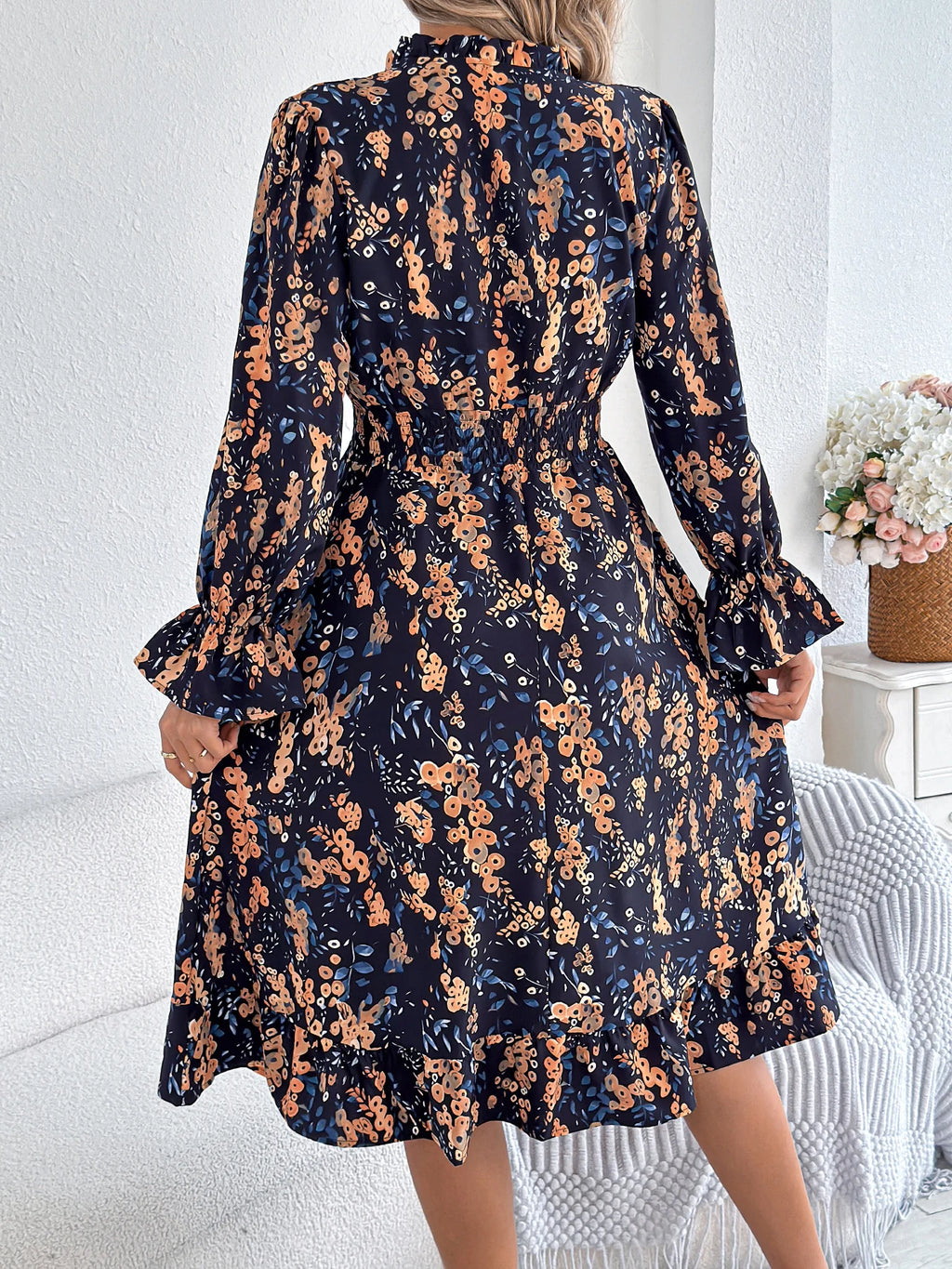 Elegant Floral Print Dresses for Women 2026 Autumn Winter Casual V Neck Flare Long Sleeve Ruffled A Line Dress