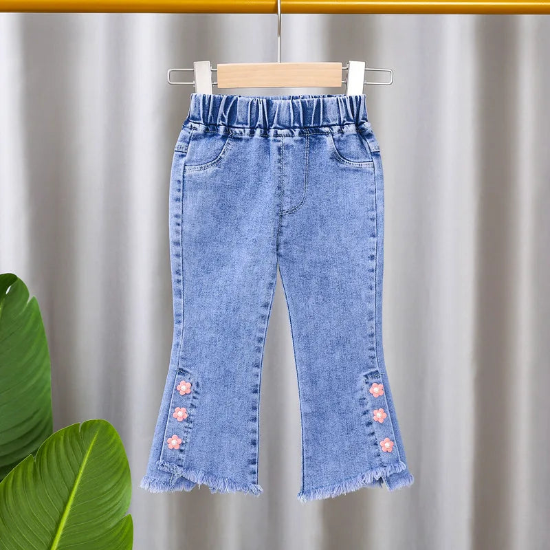 Jeans for Kids Girls Trousers Spring Autumn 2023 New Bow Bell-bottomed Stretch Princess Pants for Children Girl Denim Pants