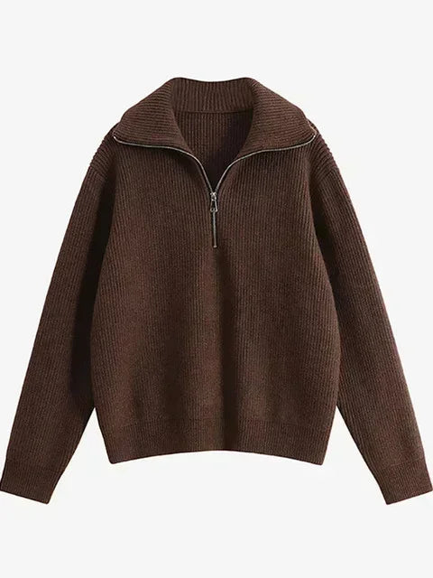 Winter Women's Sweater Long Sleeve Knitted Sweaters Oversize Turtleneck Zippers Loose Solid Turn-down Collar Pullover for Women