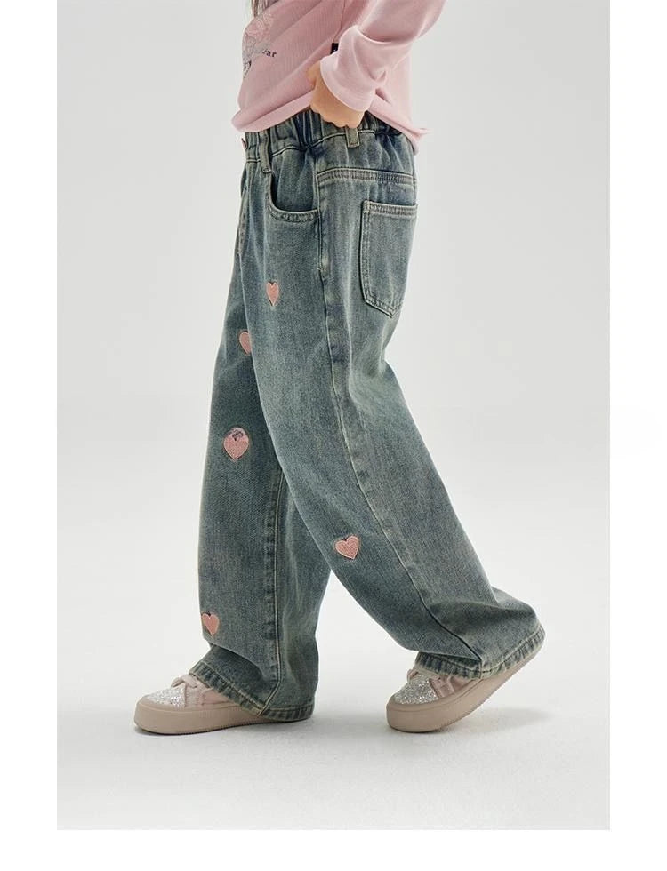Pants Girls Spring Autumn New Trousers Straight Leg Wide Leg Jeans Childrens Jeans Middle Childrens Heart 2025