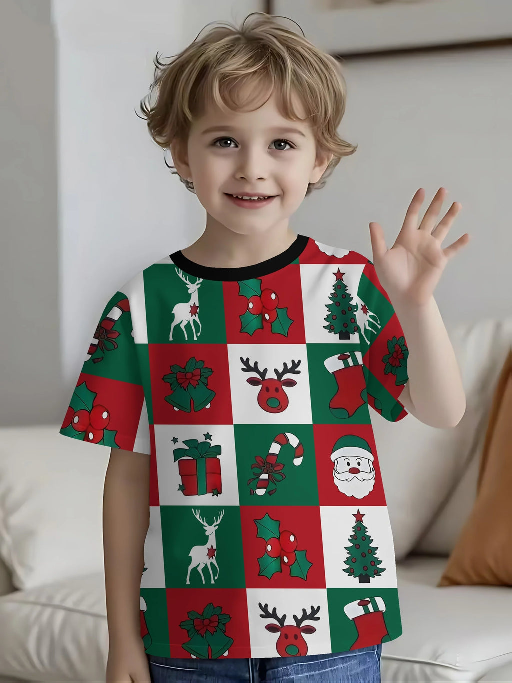 Kids Fashion Christmas Print T‑Shirt, Red‑Green Check Xmas Elements Art Short Sleeve Crew Neck Holiday Casual Tee