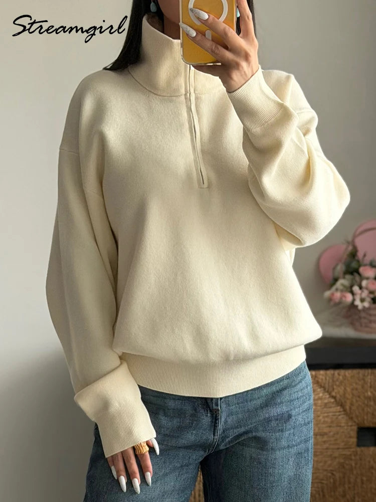 Winter Zipper Sweater Women Warm Oversize Turtleneck Pullovers Autumn Knitted Brown Sweaters Zip Up Women's Red Sweaters Thick
