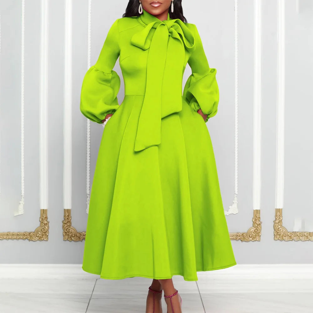 Elegant Party Dresses for Women Luxury Woman 2024 Bow Collar Full Sleeve High Waisted Pleated Mid Calf Birthday Dinner Celebrate