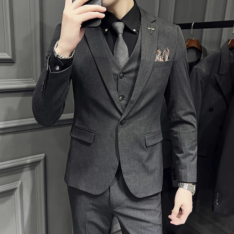 Men's 3 Piece Suit Set Single‑Button Slim Fit Solid Color Business Casual Wedding Party Jacket Vest Pants Formal Outfit for Men