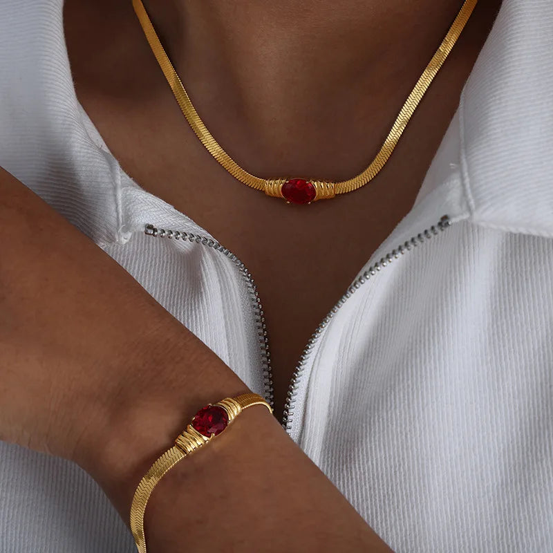 Waterproof And Non-fading Stainless Steel Jewelry Set Geometric Retro Inlaid Multi-color Glass Stone Necklace Bracelet Set Girls