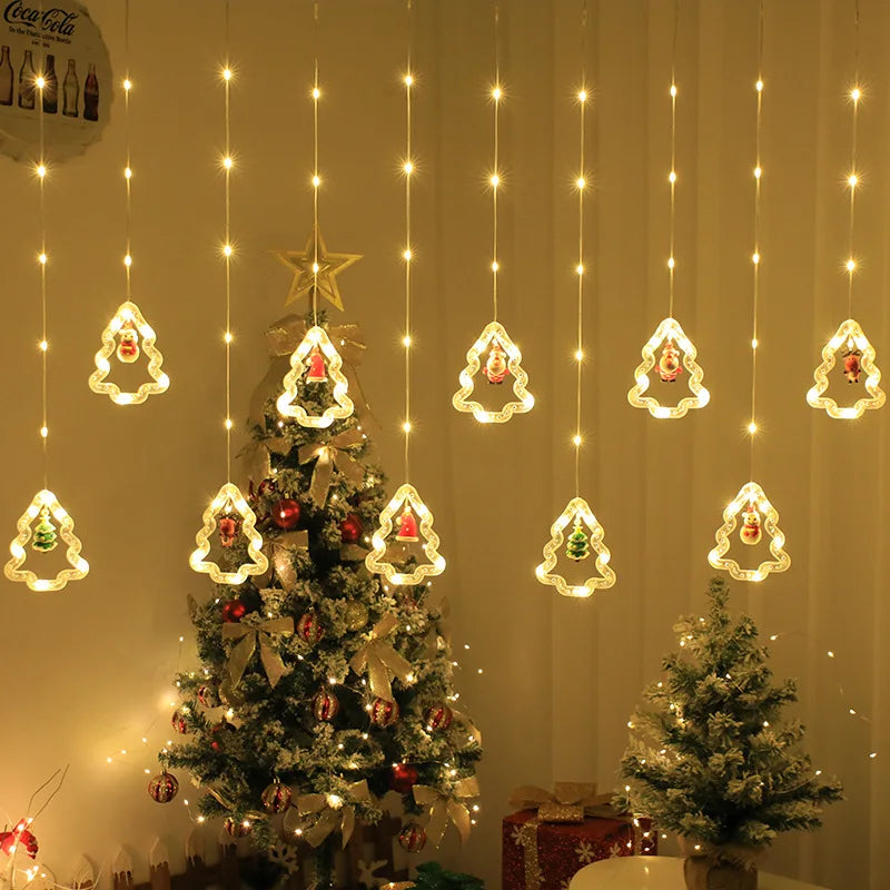 Xmas Curtain LED String Lights Santa Claus Hanging Charm for Window Display Home Party Indoor Outdoor Celebration Decoration