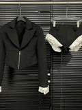 Damen-Blazer-Set mit langen Ärmeln, zweiteiliges Set: sexy V-Ausschnitt, Jacke mit Spitzenbesatz und hoch taillierte Shorts – Abendmode für den Laufsteg und Cocktailpartys