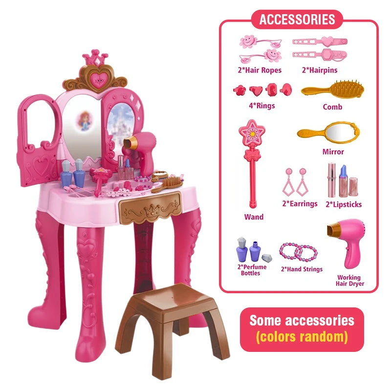 Princess Vanity Table Playset Kids Induction Open Beauty Dresser with Light and Music Pretend Makeup Hair Styling Toy for Girls