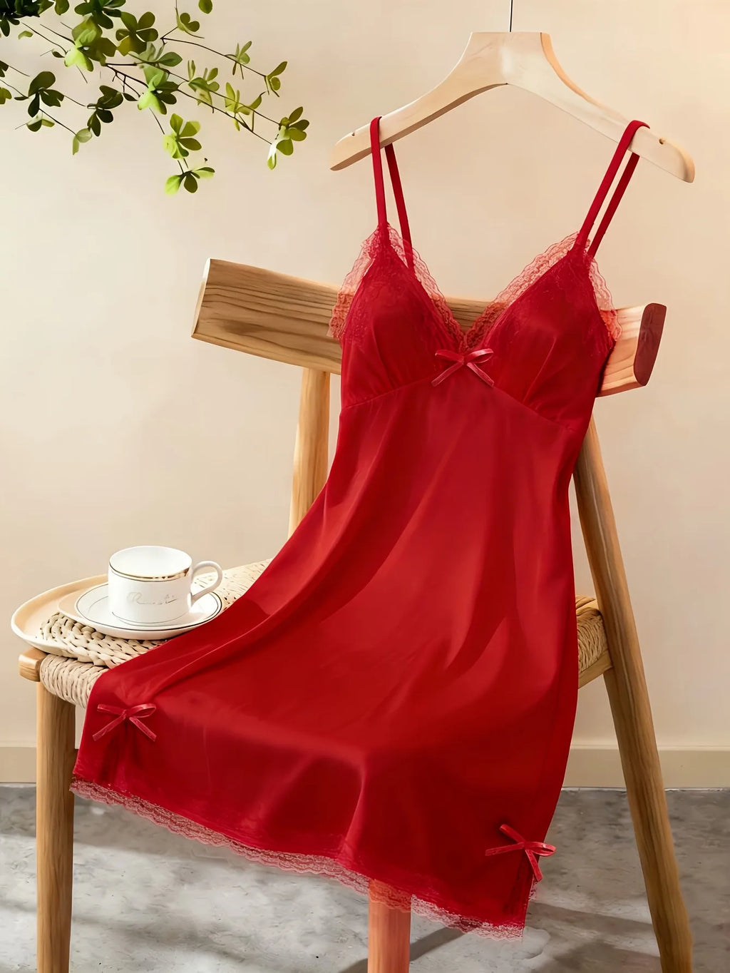 Women Satin Nightdress Sheer Lace Trim Slip Dress Spaghetti Strap Silky Nightgown Elegant Sleepwear Home Lingerie