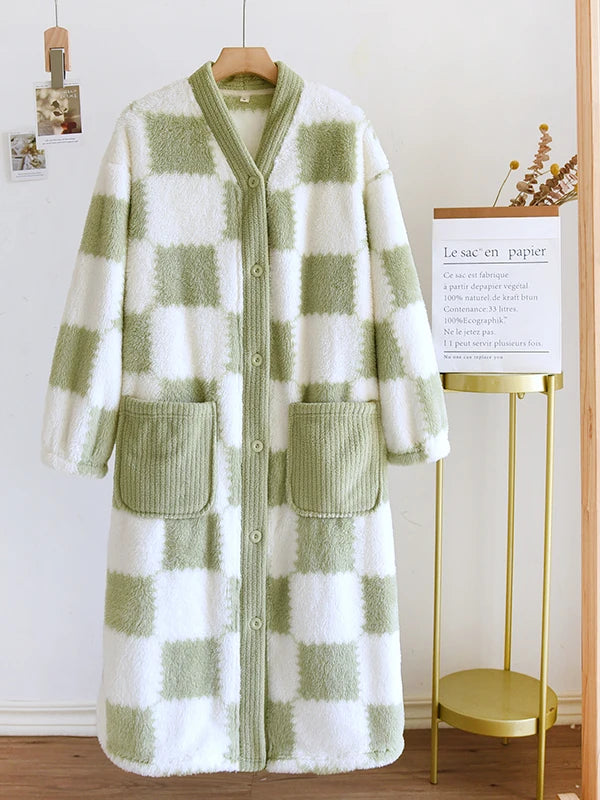Thickened Flannel Sleep Robe Women's V-neck Long Sleeve Bathrobe Coral Fleece Plaid Midi Nightgown Winter Home Leisure Wear
