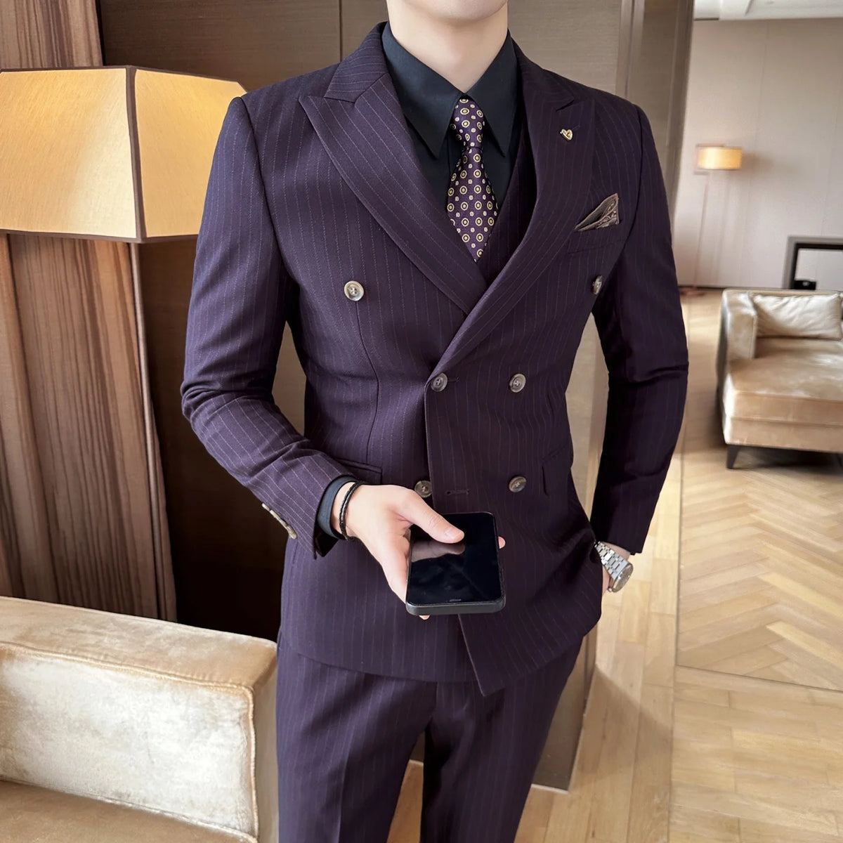 Men Wedding Suit 3 Piece Double-breasted Korean Slim Fit Formal Banquet Business Suit Luxury Groom Tuxedo Fit Evening Wear